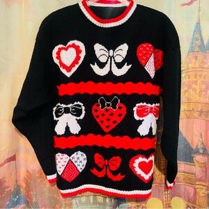 Valentine’s Day Heart and Bow Patterned Black Sweater